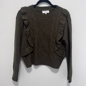 Lucca Olive Green Ruffle Cable Knit Sweater Size Small